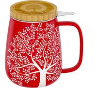 amapodo Lot de tasses à thé, en porcelaine, avec couvercle et tamis, 600 ml, XXL, rouges, sans plastique