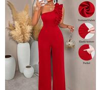Amarilo Nouvelle Mode Été Combinaison Rouge Femme à Une Épaule avec Volants et Texture Élastique - Pantalon Large avec Poches - Tenue pour la Saint-Valentin/Sortie/Fête L,M,S,XLNoëlTissu tricoté