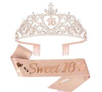 Amariver Sweet 16 Diadème et écharpe en strass or rose pour 16e anniversaire Couronne avec paillettes Décoration pour 16e anniversaire