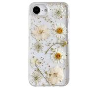 AMART pour iPhone 16e Housse Fleurs, Coque transparente avec de vraies fleurs séchées, Housse en silicone souple avec motif pailleté pour iPhone 16e (Fleur dorée)