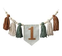 AMateschitz Bannière pour chaise haute - Bannière pour premier anniversaire - Bannière à pompons avec perles en bois - 1 an - Décoration de fête - Bannière d'anniversaire pour fille garçon