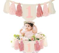 AMateschitz Bannière pour chaise haute - Bannière pour premier anniversaire - Bannière à pompons avec perles en bois - 1 an - Décoration de fête - Bannière d'anniversaire pour fille garçon