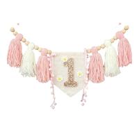 AMateschitz Bannière pour chaise haute - Bannière pour premier anniversaire - Bannière à pompons avec perles en bois - 1 an - Décoration de fête - Bannière d'anniversaire pour fille garçon