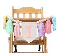 AMateschitz Bannière pour chaise haute - Bannière pour premier anniversaire - Bannière à pompons avec perles en bois - 1 an - Décoration de fête - Bannière d'anniversaire pour fille garçon