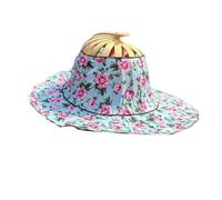 AMateschitz Chapeau à éventail en bambou - Protection solaire - Pliable - Avec large bord - Polyvalent - Anti-UV - Pour voyage, pêche, plein air, Fleur bleu ciel, taille unique