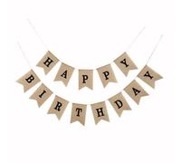 AMateschitz Guirlande Happy Birthday en lin vintage pour anniversaire, guirlande de fanions vintage en lin, bannière Happy Birthday, décoration d'anniversaire pour douche prénatale, décoration noire