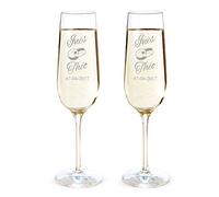 AMAVEL Set de 2 Flûtes à Champagne avec 2 Anneaux, Personnalisées avec 2 Prénoms et 1 Date, Volume 0,2 L