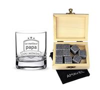 AMAVEL - Set : verre et pierres à whisky dans noble boîte en bois - Le meilleur papa du monde - 9 pierres rafraîchissantes, insipides et réutilisables - Cadeau d'anniversaire pour papa - Standard