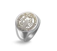 Amaxer Bague Chevalière Saint Benoît de Nursie pour homme Médaille Saints Protection religieuse Amulette Acier Inoxydable Punk Bague (argent, Diamètre 19mm)