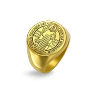 Amaxer Bague Chevalière Saint Benoît de Nursie pour homme Médaille Saints Protection religieuse Amulette Acier Inoxydable Punk Bague (doré, Diamètre 21mm)