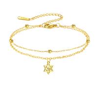 Amaxer Bracelet de Cheville Délicat Avec Symbole Chai Hébreu - Double Chaîne Étoile de David - Judaïque Hanoukka Magen - Réglable, L22cm, Acier