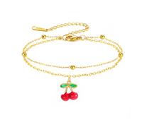 Amaxer Bracelet de cheville délicat en émail rouge cerise perlée double chaîne bracelet de cheville d'été fruit tropical feuille verte bracelet réglable pour femme, L22cm, Acier inoxydable, Pas de