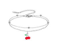 Amaxer Bracelet de cheville délicat en émail rouge cerise perlée double chaîne bracelet de cheville d'été fruit tropical feuille verte bracelet réglable pour femme, L22cm, Acier inoxydable, Pas de