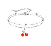 Amaxer Bracelet de cheville délicat en émail rouge cerise perlée double chaîne bracelet de cheville d'été fruit tropical feuille verte bracelet réglable pour femme, L22cm, Acier inoxydable, Pas de