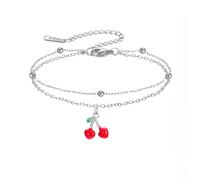 Amaxer Bracelet de cheville délicat en émail rouge cerise perlée double chaîne bracelet de cheville d'été fruit tropical feuille verte bracelet réglable pour femme, L22cm, Acier inoxydable, Pas de