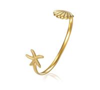 Amaxer Bracelet jonc ouvert pour femme avec breloque en coquillage et étoile de mer - Bracelet ouvert réglable (Or)