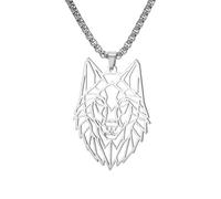 Amaxer Collier avec pendentif en forme de tête de loup géométrique creux pour amoureux des animaux, chaîne vénitienne de 58 cm (Argent)