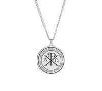 Amaxer Collier Chi Rho pour homme - Symbole grec orthodoxe Alpha Omega - Médaillon rond en acier inoxydable (Argent)