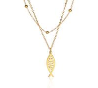 Amaxer Ichthys Collier avec pendentif en forme de croix Jésus Christ Ange Amour poisson Symbole chrétien Collier pour femme Bijoux chrétiens Collier de perles double couche en