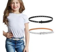 Amaxiu Lot de 2 ceintures fines pour filles, filles - Ceinture à paillettes - En cuir synthétique brillant - Ceinture réglable pour jeans et robe, Noir + argenté., multi-size
