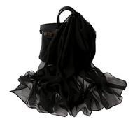 AMAYJUELONG Écharpe transparente en mousseline de soie pour femme, écharpe de cou unie pour femme des années 50, poids léger pour toute l'année, 160 x 50 cm, Noir , 160*50cm