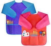 Amaza 2Pcs Tablier Peinture Enfant Imperméable pour Enfant 2-8 ans, avec 3 Poches, Tabliers Enfants Peinture, Blouse Peinture Enfant, Tablier Enfant Ecole pour Peinture (Bleu & Rouge)