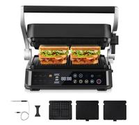 AMAZHEF Grill électrique multifonction 6 en 1 avec capteur de température, fonction Sear 280 °C, double thermostat indépendant, plaques amovibles lavables au lave-vaisselle, gaufrier, barbecue, panini