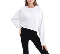 Amazhiyu Sweat-shirt court pour femme - Pull court - Sans capuche - Décontracté - Basique - Pull surdimensionné - Manches longues - Coton - Haut à manches longues, Blanc., S