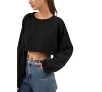 Amazhiyu Sweat-shirt pour femme, pull court sans capuche, pull basique décontracté, surdimensionné, col rond, manches longues, Noir , L