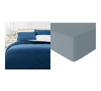 Amazon Basics 3 pièces Parure de lit avec Housse de Couette Haut de Gamme avec Deux taies d'oreiller, 240 x 220 cm, Bleu Marine, Uni & Drap-Housse en Microfibre Bleu Spa 160 x 200 x 30 cm