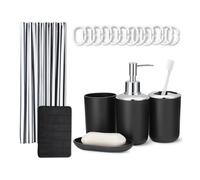 Amazon Basics Accessoires Salle de Bain: Rideau de Douche avec Anneaux, Tapis de Bain Memory Foam, Distributeur de Savon, Porte-Savon, Porte-Brosse à Dents & Gobelet, Noir