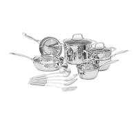 Amazon Basics Batterie de cuisine ensemble de 15 pièces en acier inoxydable - Casseroles, poêles et ustensiles, Argenté