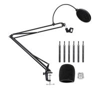 Amazon Basics Bras Articulé pour Microphone Réglable, 48,3cm, Compatible avec Microphones Standard, Tension Réglable, Filtre Anti-Pop et Bonnette Anti-Vent Inclus, Fixation par Pince pour Bureau, Noir