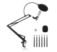 Amazon Basics Bras de Microphone Réglable, 35,6cm, Compatible avec les Microphones Standard, Tension Réglable, Filtre Anti-Pop et Bonnette Anti-Vent Inclus, Fixation par Pince de Bureau, Noir