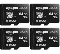 Amazon Basics Carte Mémoire microSDXC avec Adaptateur Grande Taille, A2, U3, Vitesse de Lecture Jusqu’à 100Mbit/s, 64Go, Noir (Lot de 4)