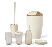 Amazon Basics Ensemble d’Accessoires de Salle de Bain avec Porte-Brosse à Dents, Distributeur de Savon, Porte-Savon, Gobelet, Poubelle, Brosse pour WC et Support, Ivoire