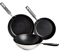 Amazon Basics Ensemble de 3 Poêles à Frire à Induction - Antiadhésif, Acier Inoxydable, avec Poignée au Toucher Doux, 24/28/28 cm