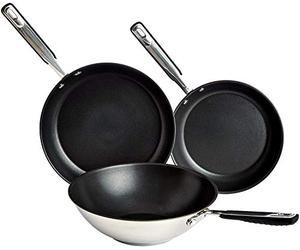 Amazon Basics Ensemble de 3 Poêles à Frire à Induction - Antiadhésif, Acier Inoxydable, avec Poignée au Toucher Doux, 24/28/28 cm