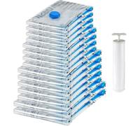 Amazon Basics Lot de 15 housses de rangement sous vide avec pompe manuelle Fermeture éclair - (2 x und 5 x jumbo, 4 tailles L, 4 taille M), Multiple, Transparent, Bleu