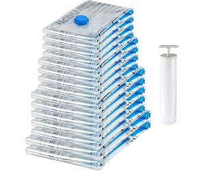 Amazon Basics Lot de 15 housses de rangement sous vide avec pompe manuelle Fermeture éclair - (2 x und 5 x jumbo, 4 tailles L, 4 taille M), Multiple, Transparent, Bleu