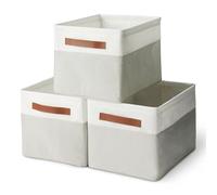 Amazon Basics Lot de 3 bacs de rangement pliables avec poignées en cuir, lin, Taille L