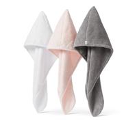 Amazon Basics Lot de 3 Serviettes Turbans en Microfibre pour les Cheveux, Séchage Rapide, Serviette de Bain pour Sécher les Cheveux, Blanc/Gris/Rose
