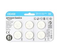 Amazon Basics Lot de 6 Piles Bouton CR2450 au Lithium, 3 Volts, Longue durée de Vie, sans Mercure, Emballage sans Danger pour Les Enfants (Utiliser des Ciseaux pour l’Ouvrir)