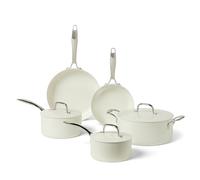 Amazon Basics Lot de 8 Casseroles et Poêles Antiadhésives en Céramique, Compatible Lave-Vaisselle et Four, Compatible Tous Feux, Couleur Ivoire