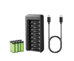 Amazon Basics Lot de 8 piles rechargeables NiMh AA 2000 mAh, avec chargeur de piles à 8 baies, sans adaptateur d'alimentation CA, port USB-C