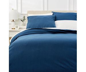 Amazon Basics Parure de Lit 2 Personnes 3 Pièces en Microfibre, Housse de Couette 200 x 200 cm et 2 Taies d'oreiller 80 x 80 cm, Bleu Marine Rayé
