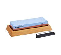 Amazon Basics Pierre à aiguiser pour couteaux, pierre à aiguiser à double face à grain 400/1000 avec base antidérapante en bambou, bleu et rouge