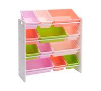 Amazon Basics Rangement pour jouets avec 12 bacs en plastique - Bois blanc avec bacs roses, 86 D x 32.5 W x 90 H cm