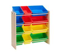 Amazon Basics Rangement pour jouets avec 12 pièces en plastique, Bois Naturel avec Bacs de Couleur, 10.9" D x 33.6" W x 31.1" H