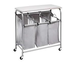 Amazon Basics Rectangulaire, Panier à linge sale avec 3 compartiments de tri et planche à repasser intégrée, Gris, 80x41x84 cm